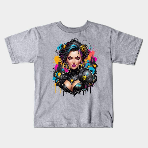 Futuristic Cyberpunk female warrior retro vintage poster design Kids T-Shirt by Neon City Bazaar